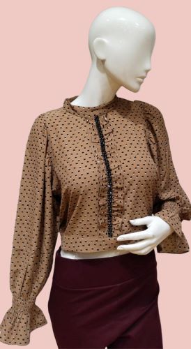 Women Brown Full Sleeve Printed Stylish Fancy Crop Top