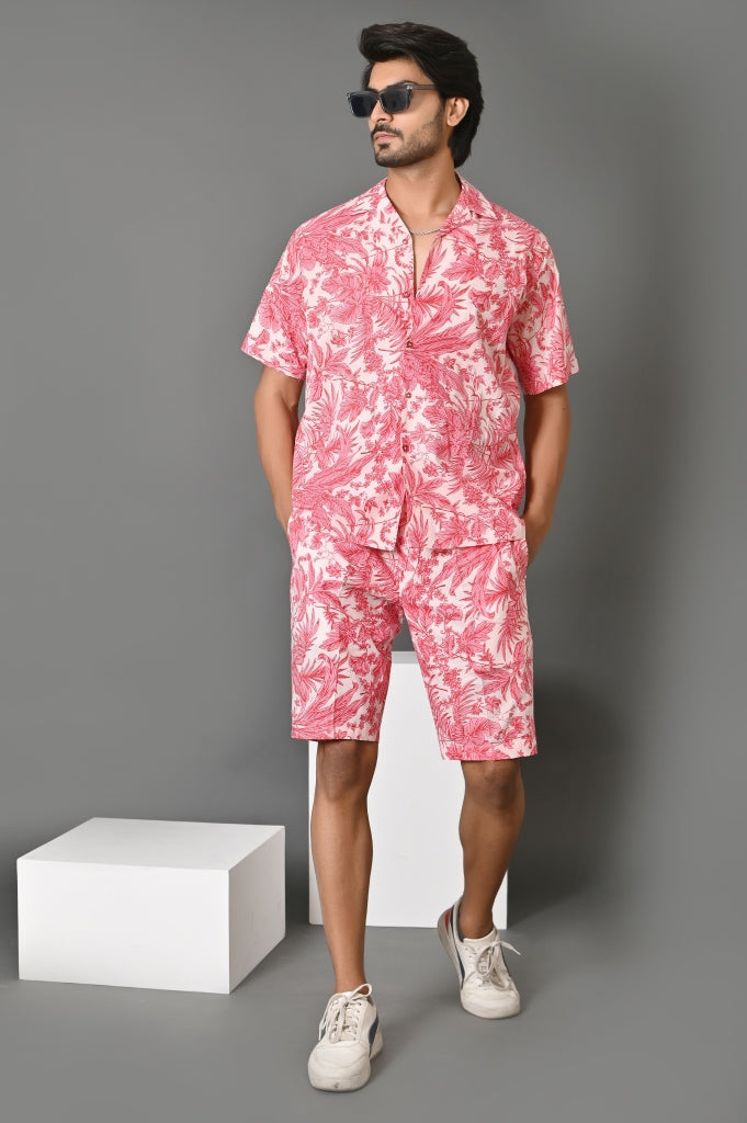 Men's Matching Floral Printed Shirt And Shorts Sets-Summer Co-Ords Red