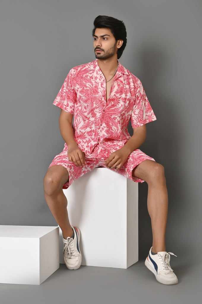 Men's Matching Floral Printed Shirt And Shorts Sets-Summer Co-Ords Red