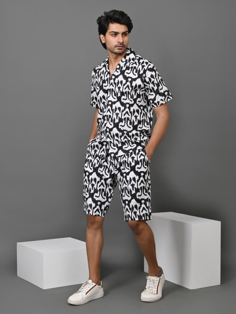 Men's Matching Printed Shirt And Shorts Sets-Summer Co-Ords Black