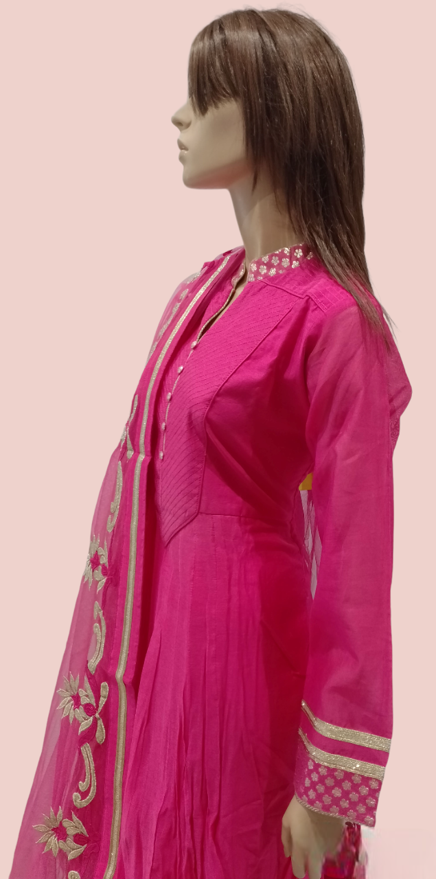 Woman's Rani Color Party Wear Long Kurta And Churidar With Dupatta