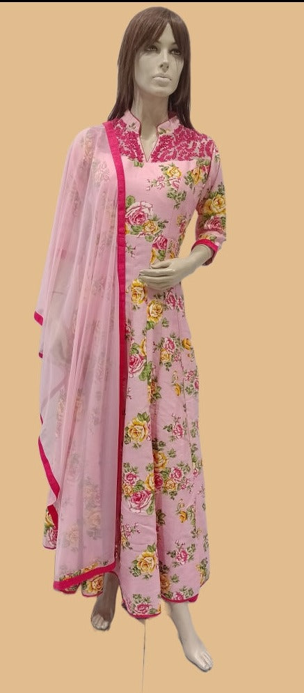 Woman's Pink Designer Neck Full Length Printed Kurta Churidar Set With Dupatta