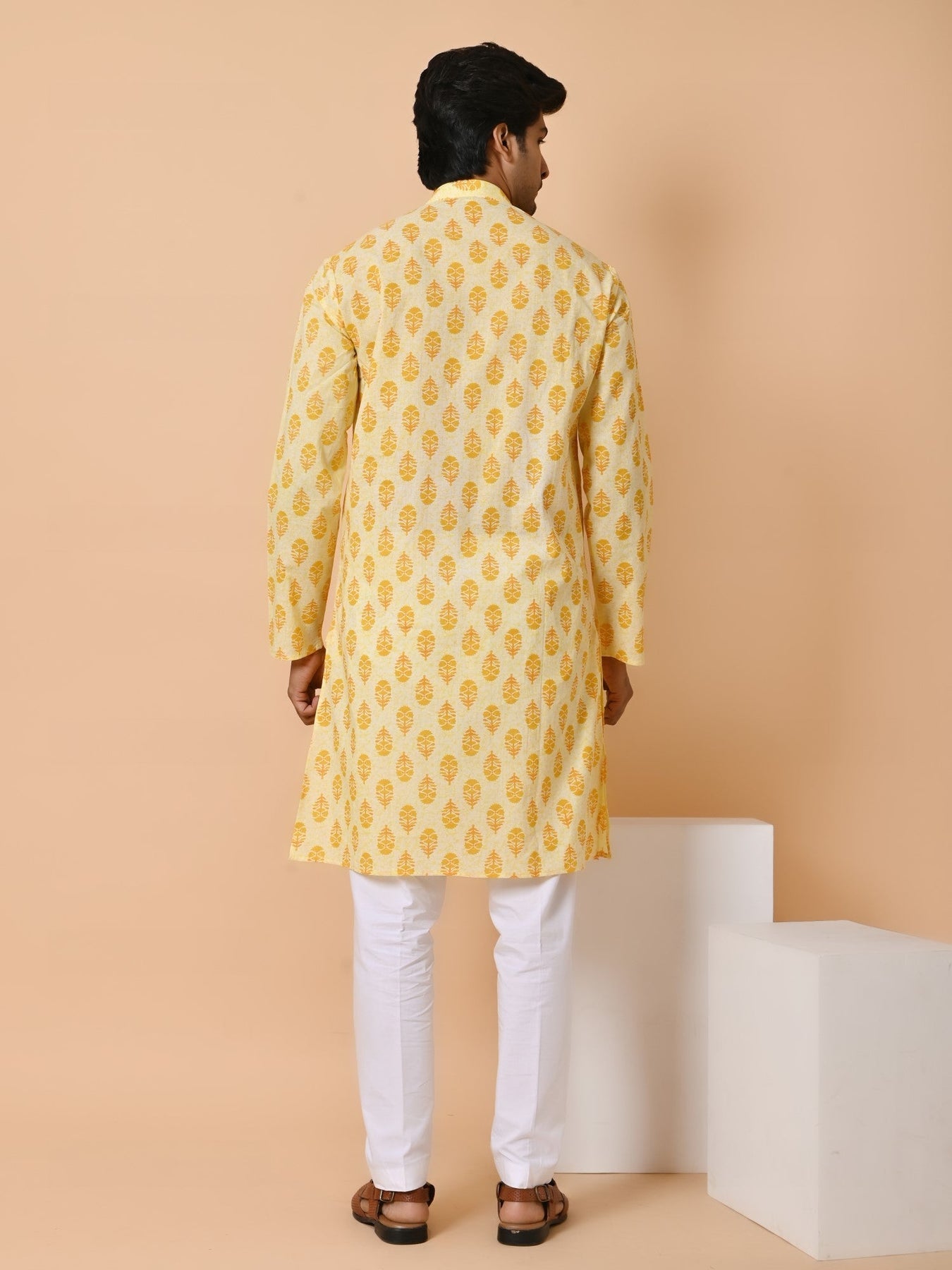 Mens Yellow Pure Cotton Full Sleeve Printed Only Kurta