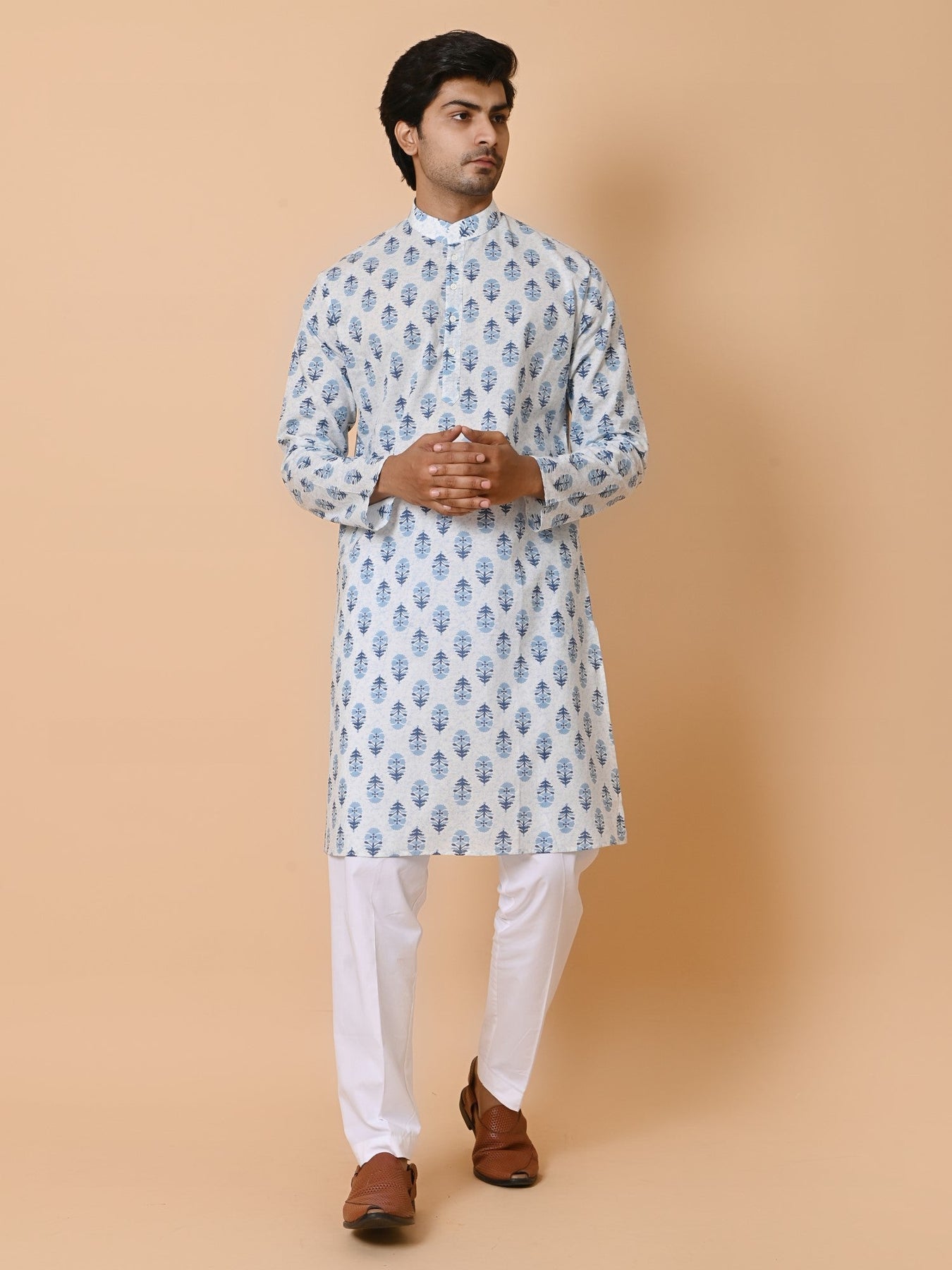 Mens Blue Pure Cotton Full Sleeve Printed Only Kurta
