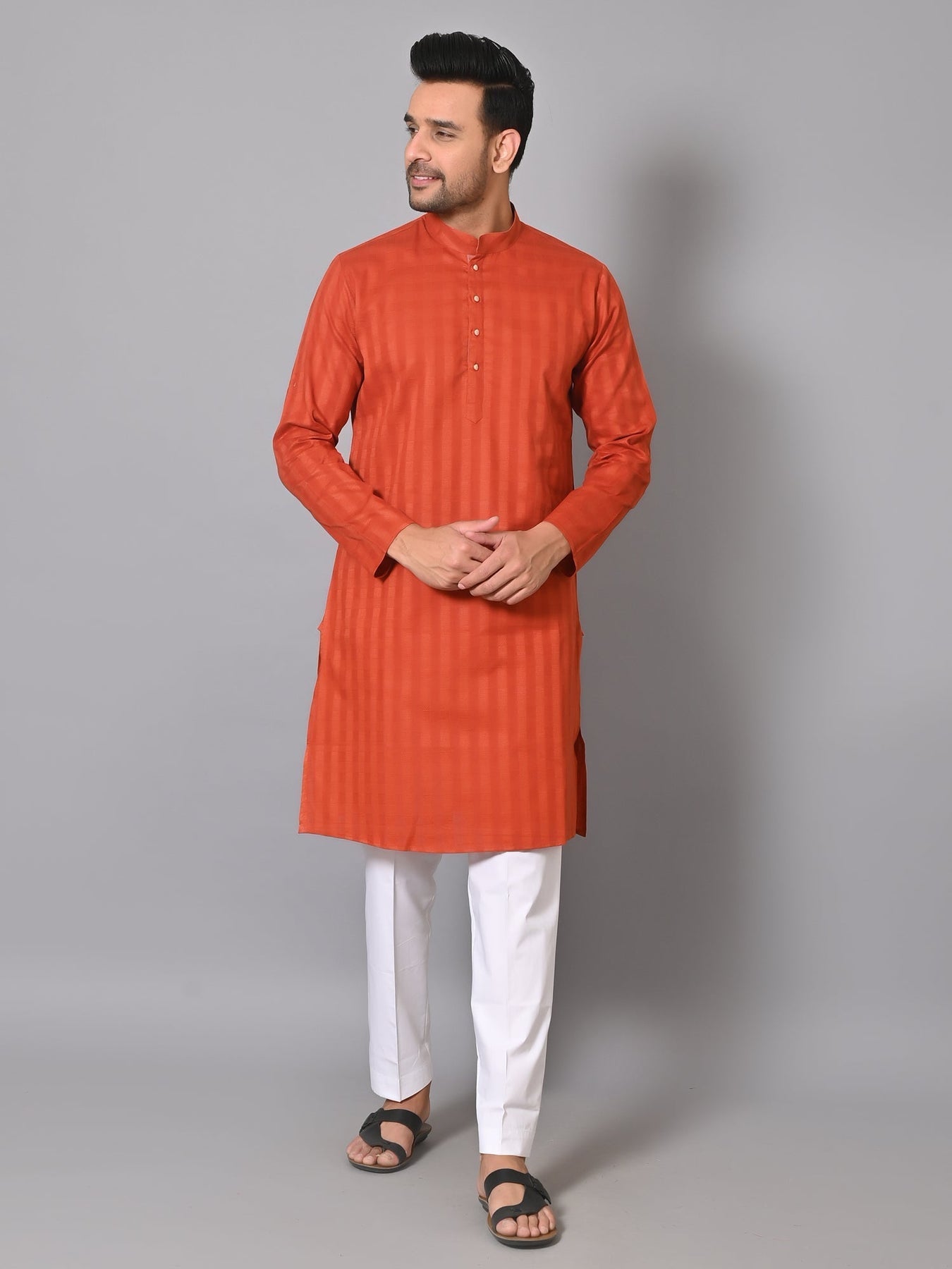 Mens Rust Cotton Blend Regular Kurta Suit