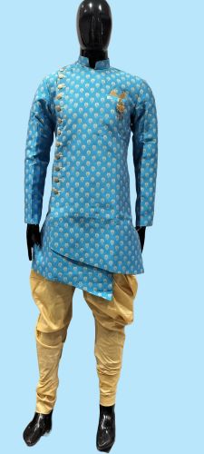 Mens Stylish Designer Wedding Blue Printed Indo Western