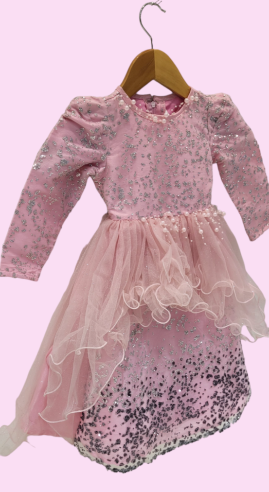 Girls Pink Net Printed party Wear Long Gown