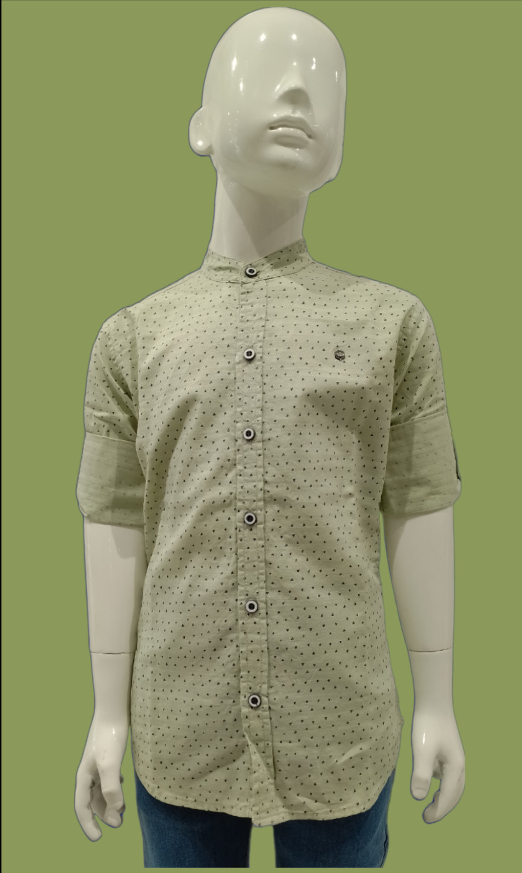 Boys Pista Green Chinese Collar Dotted Full Sleeve Fancy Shirt