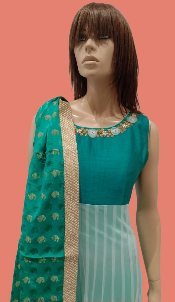 Woman's Green Ethnic Wear Printed Long Kurti Churidar Suit With Dupatta