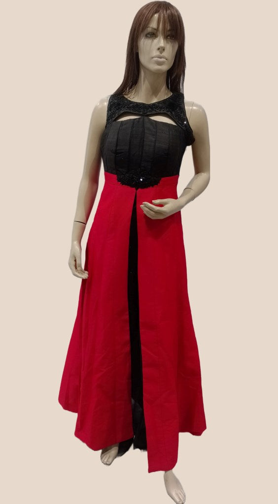Woman's Black/Red Fancy Neck Long Kurta Set With Dupatta