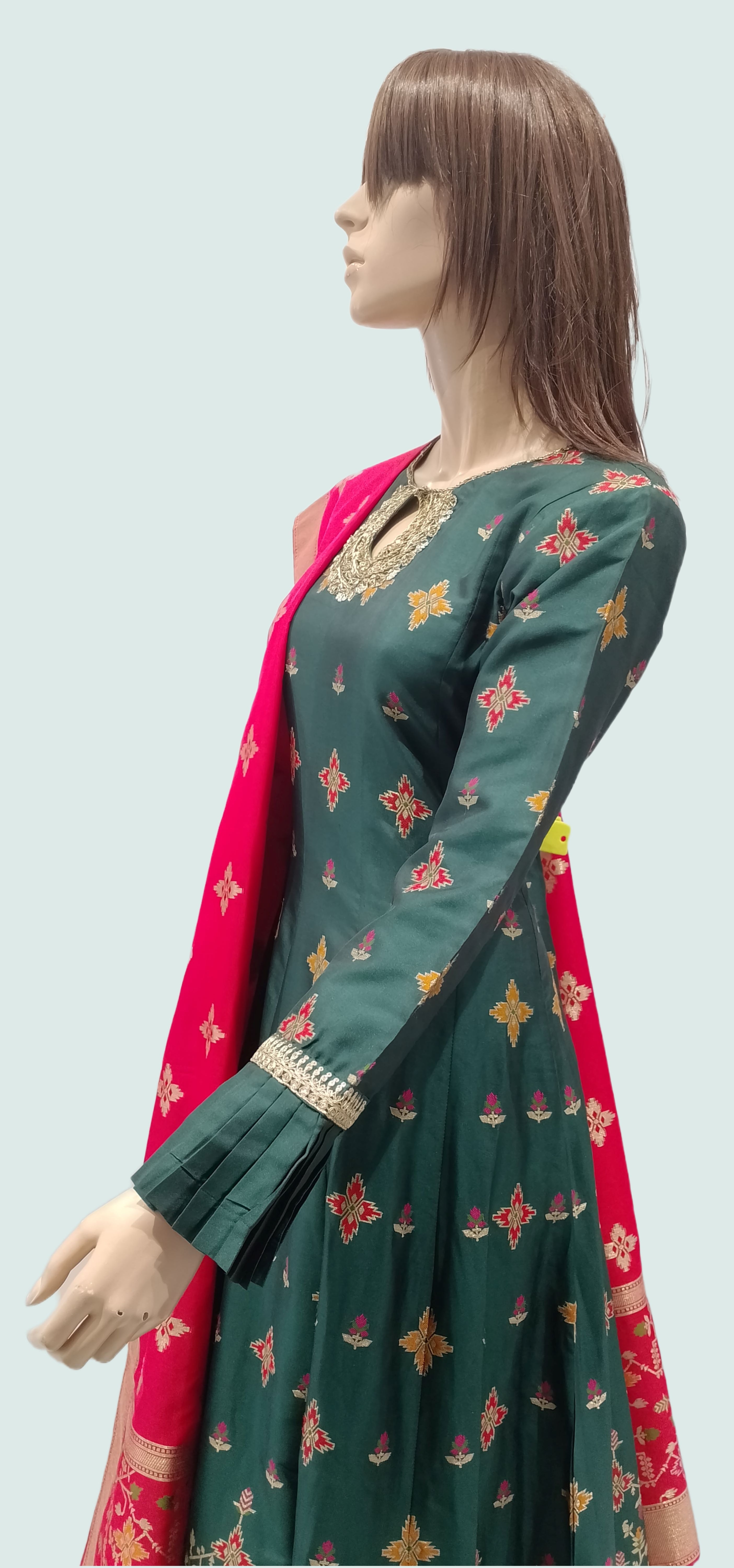 Woman's Green Embroidered Printed Fancy Round Neck Churidar suit With Printed Dupatta