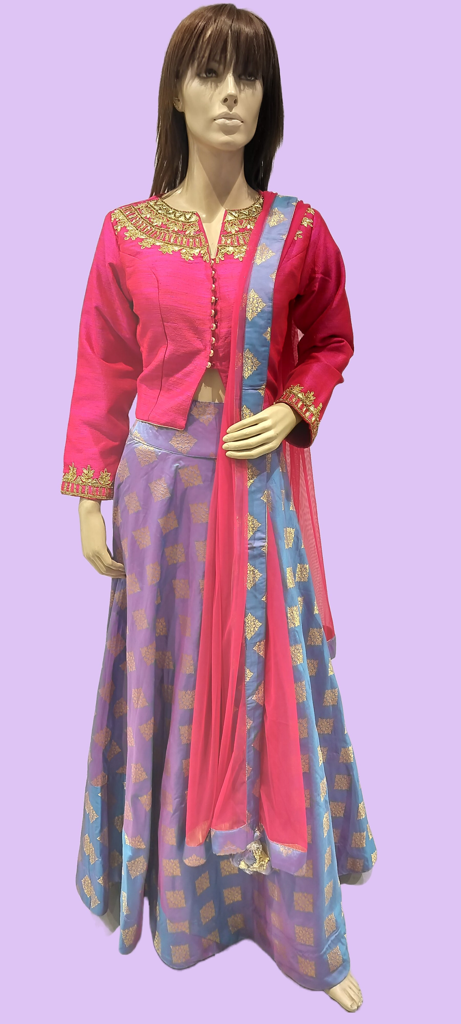 Woman's Designer Hot Pink & Cloud Blue Combination Cholee Suit With Long Cut Blouse